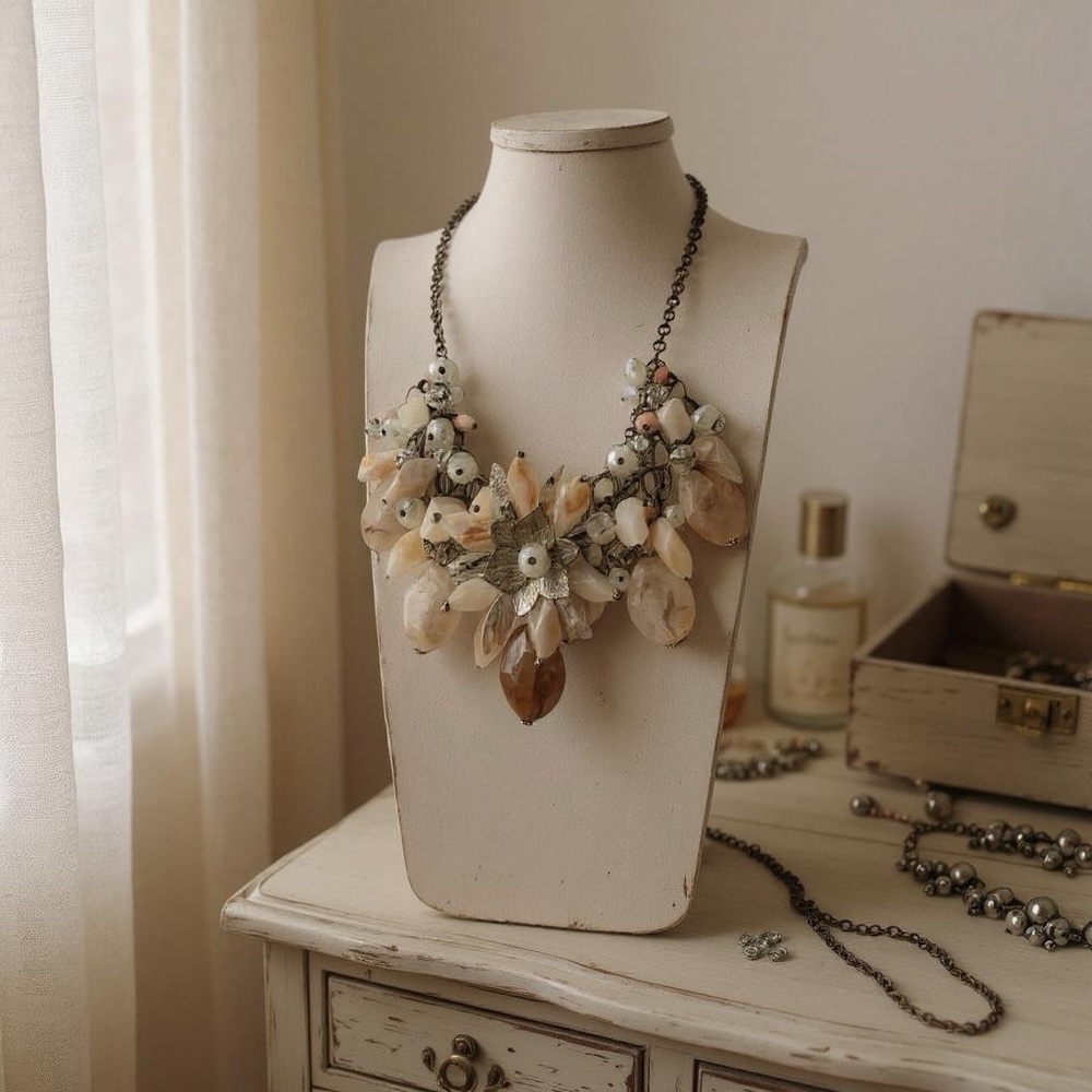 LOFT Cream and Silver Beaded Floral Statement Cluster Necklace